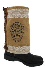 Brown Beige Faux Leather Slip On Western Sugar Skulls Boots Cover Toppers
