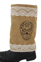 Brown Beige Faux Leather Slip On Western Sugar Skulls Boots Cover Toppers