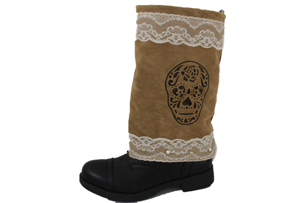 Brown Beige Faux Leather Slip On Western Sugar Skulls Boots Cover Toppers New Women Accessories