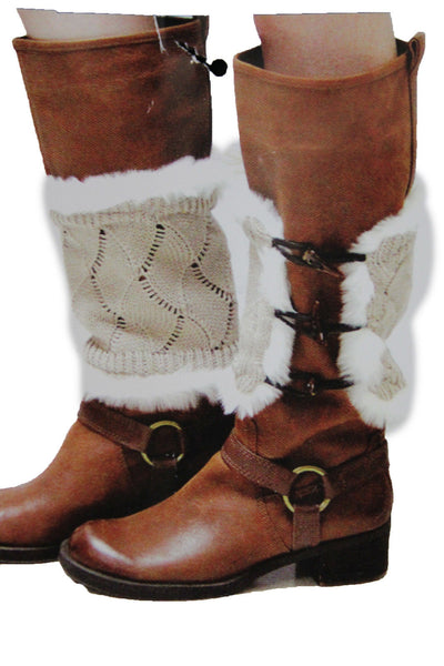 Beige White Black Red Faux Fur Fabric Slip On Pair Boots Cover Toppers Warmer Knit Accessories