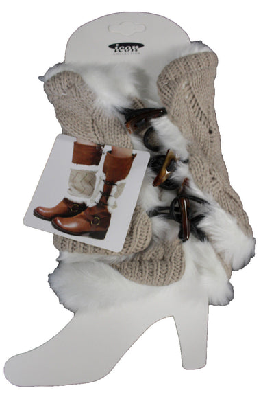 Beige White Black Red Faux Fur Fabric Slip On Pair Boots Cover Toppers Warmer Knit Accessories