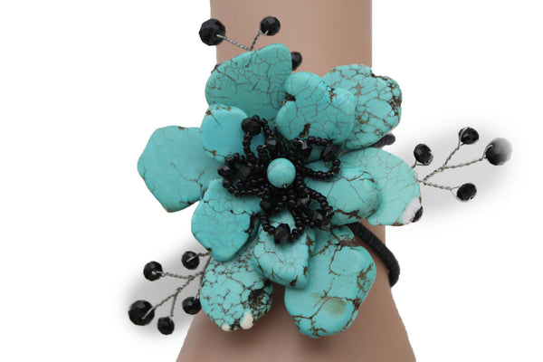 Baby Blue / Pink / Red / White /  + Black Bead Flower Charm Elastic Cuff Bracelet Band New Women Fashion Jewelry Accessories - alwaystyle4you - 14