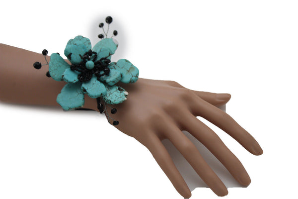 Baby Blue / Pink / Red / White /  + Black Bead Flower Charm Elastic Cuff Bracelet Band New Women Fashion Jewelry Accessories - alwaystyle4you - 16