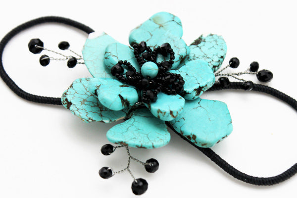 Baby Blue / Pink / Red / White /  + Black Bead Flower Charm Elastic Cuff Bracelet Band New Women Fashion Jewelry Accessories - alwaystyle4you - 17
