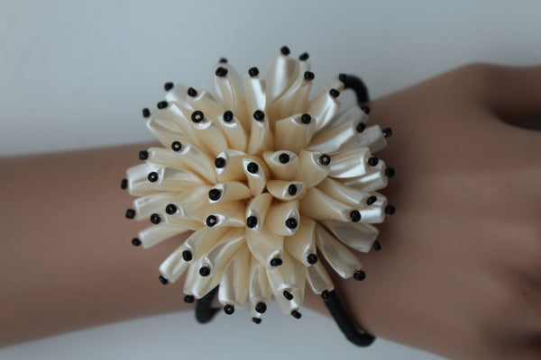 Charm & Black / Cream White / Cream Gold / Cream Pink Elastic Cuff Bracelet Band Big Cream Flower New Women Fashion Jewelry Accessories - alwaystyle4you - 14