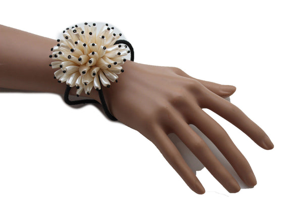 Charm & Black / Cream White / Cream Gold / Cream Pink Elastic Cuff Bracelet Band Big Cream Flower New Women Fashion Jewelry Accessories - alwaystyle4you - 15