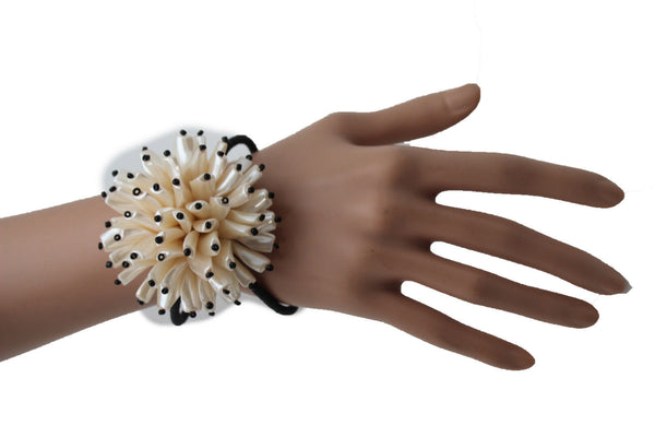 Charm & Black / Cream White / Cream Gold / Cream Pink Elastic Cuff Bracelet Band Big Cream Flower New Women Fashion Jewelry Accessories - alwaystyle4you - 7