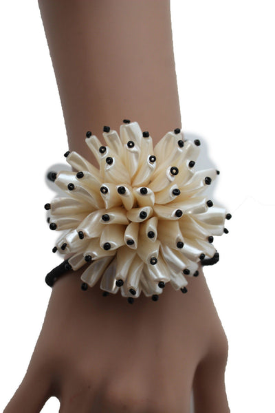 Charm & Black / Cream White / Cream Gold / Cream Pink Elastic Cuff Bracelet Band Big Cream Flower New Women Fashion Jewelry Accessories - alwaystyle4you - 8