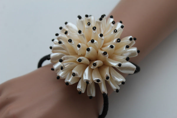 Charm & Black / Cream White / Cream Gold / Cream Pink Elastic Cuff Bracelet Band Big Cream Flower New Women Fashion Jewelry Accessories - alwaystyle4you - 1