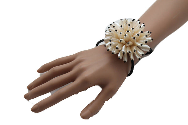 Charm & Black / Cream White / Cream Gold / Cream Pink Elastic Cuff Bracelet Band Big Cream Flower New Women Fashion Jewelry Accessories - alwaystyle4you - 10