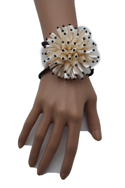 Charm & Black / Cream White / Cream Gold / Cream Pink Elastic Cuff Bracelet Band Big Cream Flower New Women Fashion Jewelry Accessories - alwaystyle4you - 12