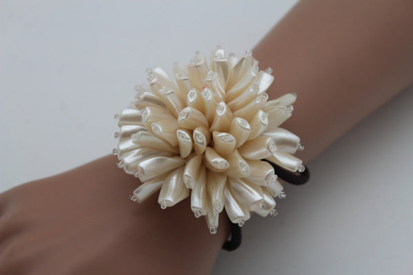 Charm & Black / Cream White / Cream Gold / Cream Pink Elastic Cuff Bracelet Band Big Cream Flower New Women Fashion Jewelry Accessories - alwaystyle4you - 16