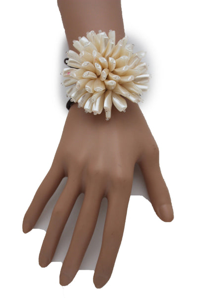 Charm & Black / Cream White / Cream Gold / Cream Pink Elastic Cuff Bracelet Band Big Cream Flower New Women Fashion Jewelry Accessories - alwaystyle4you - 33