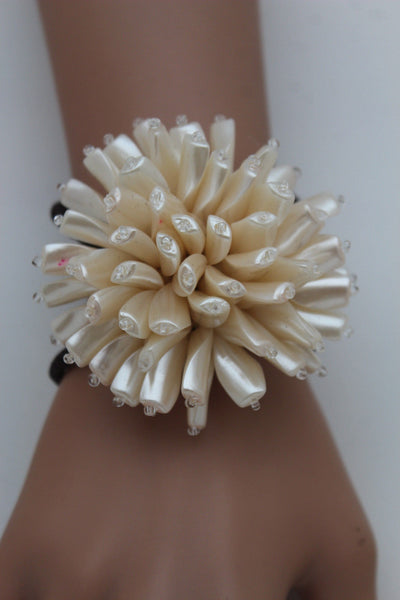 Charm & Black / Cream White / Cream Gold / Cream Pink Elastic Cuff Bracelet Band Big Cream Flower New Women Fashion Jewelry Accessories - alwaystyle4you - 34