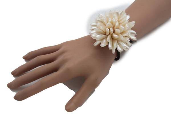 Charm & Black / Cream White / Cream Gold / Cream Pink Elastic Cuff Bracelet Band Big Cream Flower New Women Fashion Jewelry Accessories - alwaystyle4you - 4