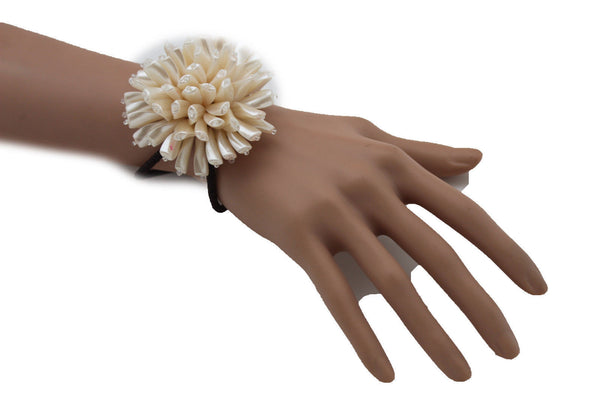 Charm & Black / Cream White / Cream Gold / Cream Pink Elastic Cuff Bracelet Band Big Cream Flower New Women Fashion Jewelry Accessories - alwaystyle4you - 37