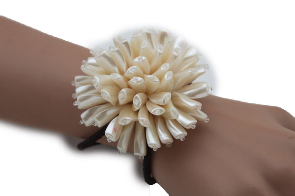 Charm & Black / Cream White / Cream Gold / Cream Pink Elastic Cuff Bracelet Band Big Cream Flower New Women Fashion Jewelry Accessories - alwaystyle4you - 39