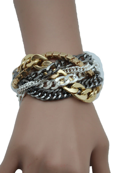 Gold Metal Wide Bracelet Retro Style Silver Pewter Gunmetal Chains Links New Women Fashion Jewelry Accessories