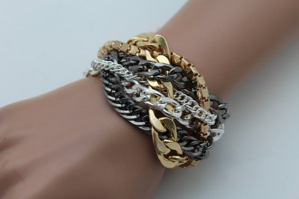 Gold Metal Wide Bracelet Retro Style Silver Pewter Gunmetal Chains Links New Women Fashion Jewelry Accessories - alwaystyle4you - 8