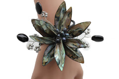 Grey Black Beads Flower Elastic Cuff Bracelet Band Women Unique Fashion Jewelry Accessories - alwaystyle4you - 1
