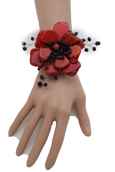 Baby Blue / Pink / Red / White /  + Black Bead Flower Charm Elastic Cuff Bracelet Band New Women Fashion Jewelry Accessories - alwaystyle4you - 18
