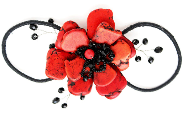 Baby Blue / Pink / Red / White /  + Black Bead Flower Charm Elastic Cuff Bracelet Band New Women Fashion Jewelry Accessories - alwaystyle4you - 19