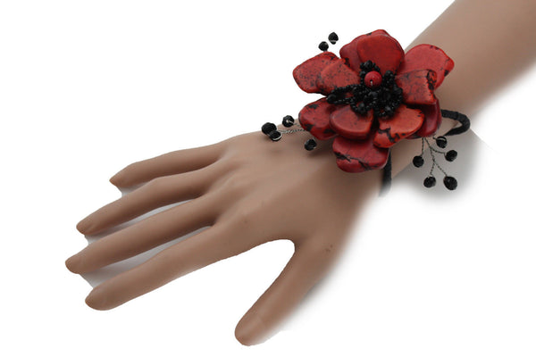 Baby Blue / Pink / Red / White /  + Black Bead Flower Charm Elastic Cuff Bracelet Band New Women Fashion Jewelry Accessories - alwaystyle4you - 20