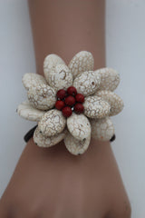 Baby Blue / White + Red / Red + White Cuff Band Bracelet Beads Flower Charm Elastic New Women Fashion Jewelry Accessories - alwaystyle4you - 2