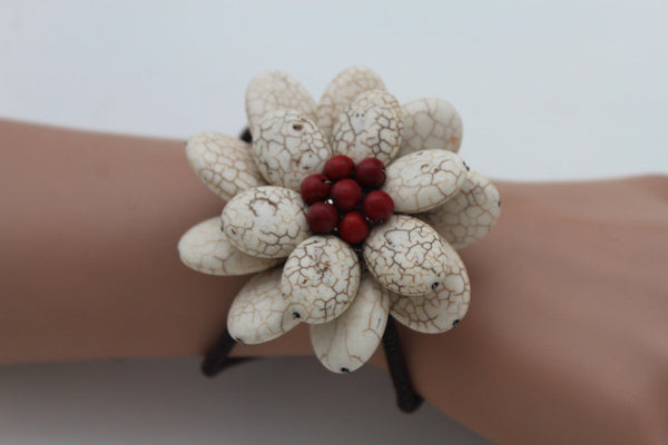 Baby Blue / White + Red / Red + White Cuff Band Bracelet Beads Flower Charm Elastic New Women Fashion Jewelry Accessories - alwaystyle4you - 18