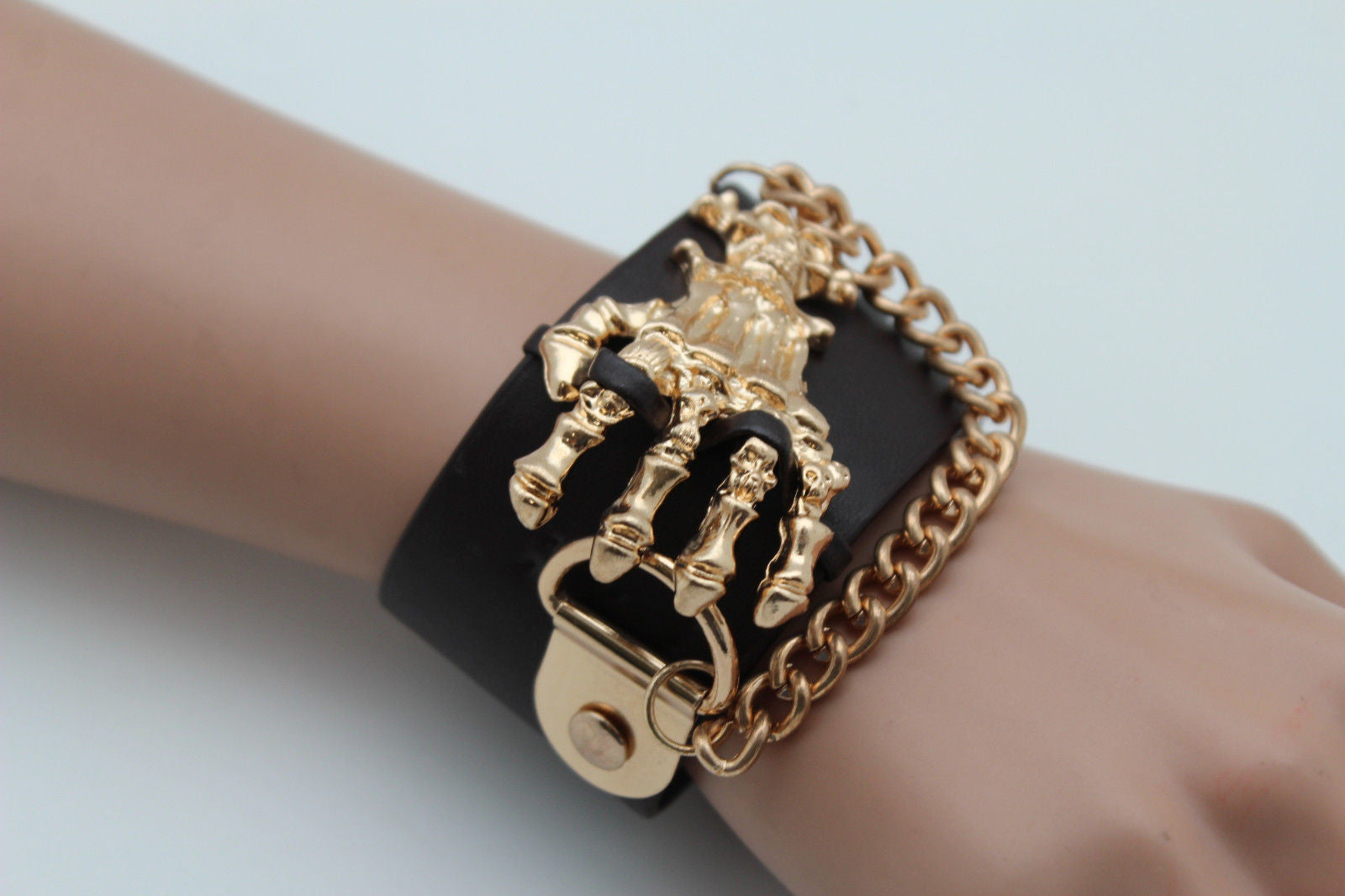 Dark Brown / Black Faux Leather Bracelet Gold / Silver Metal Chains Skeleton Skulls Hand Women Fashion Jewelry Accessories - alwaystyle4you - 1