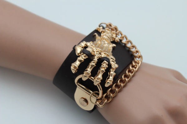 Dark Brown / Black Faux Leather Bracelet Gold / Silver Metal Chains Skeleton Skulls Hand New Women Fashion Jewelry Accessories - alwaystyle4you - 1