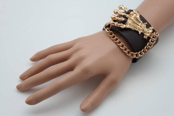 Dark Brown / Black Faux Leather Bracelet Gold / Silver Metal Chains Skeleton Skulls Hand New Women Fashion Jewelry Accessories - alwaystyle4you - 7