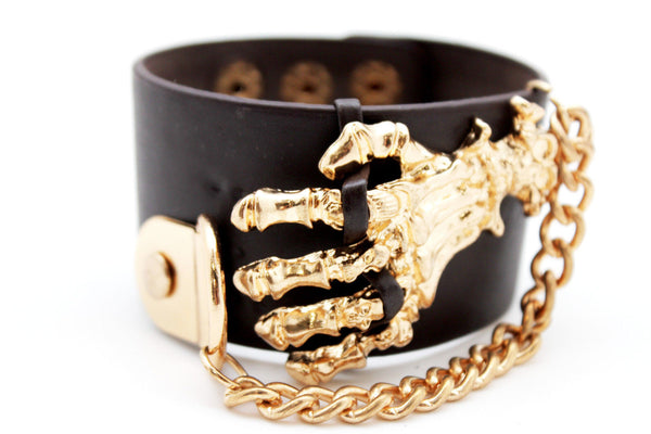 Dark Brown Black Faux Leather Bracelet Gold Silver Metal Chains Skeleton Skulls Hand Women Accessories