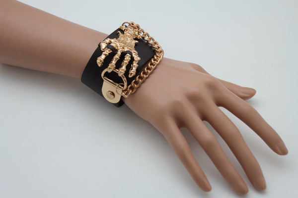 Dark Brown / Black Faux Leather Bracelet Gold / Silver Metal Chains Skeleton Skulls Hand New Women Fashion Jewelry Accessories - alwaystyle4you - 11