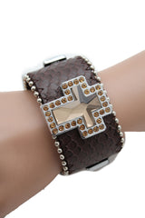 Brown Leather Bracelet Big Silver Crosses Silver Rhinestones Bead New Women Fashion Jewelry Accessories - alwaystyle4you - 4
