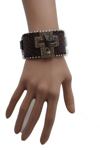 Brown Leather Bracelet Big Silver Crosses Silver Rhinestones Bead New Women Fashion Jewelry Accessories - alwaystyle4you - 6