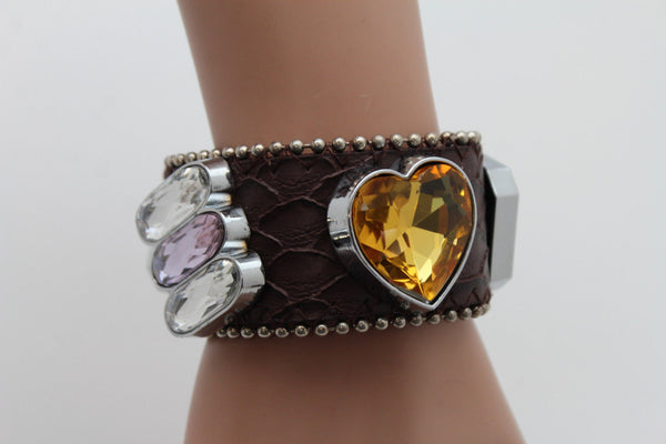 Brown Black Leather Bracelet Colorful Rhinestones Bead New Women Fashion Jewelry Accessories - alwaystyle4you - 14
