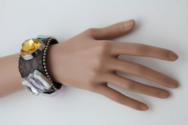 Brown Black Leather Bracelet Colorful Rhinestones Bead New Women Fashion Jewelry Accessories - alwaystyle4you - 8