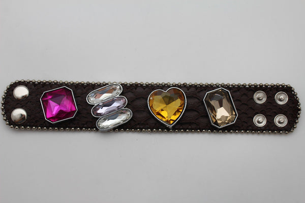 Brown Black Leather Bracelet Big Colorful Rhinestones Bead New Women Fashion Jewelry Accessories