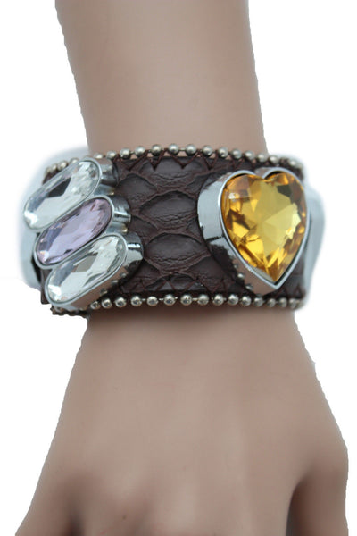 Brown Black Leather Bracelet Colorful Rhinestones Bead New Women Fashion Jewelry Accessories - alwaystyle4you - 10