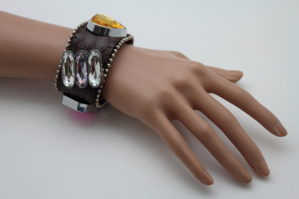 Brown Black Leather Bracelet Colorful Rhinestones Bead New Women Fashion Jewelry Accessories - alwaystyle4you - 12