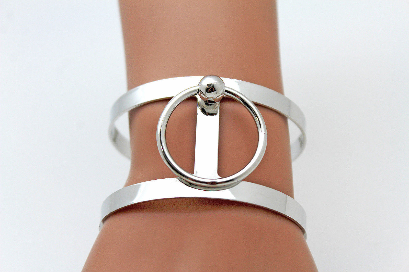 Silver Metal Cuff Bracelet Bangle Geometric Cut Outs With A Center Ring Adjustable Women Fashion Jewelry Accessories - alwaystyle4you - 1