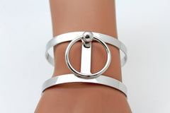 Silver Metal Cuff Bracelet Bangle Geometric Cut Outs With A Center Ring Adjustable Women Fashion Jewelry Accessories - alwaystyle4you - 1