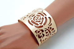 Gold Metal Cuff Cut Outs Adjustable Bracelet Light Flowers New Women Fashion Jewelry Accessories - alwaystyle4you - 1