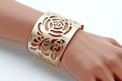 Gold Metal Cuff Cut Outs Adjustable Bracelet Light Flowers New Women Fashion Jewelry Accessories - alwaystyle4you - 2