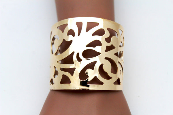 Gold Metal Cuff Bracelet Light Leaves Hollow Shape Cut Outs Adjustable New Women Fashion Jewelry Accessories - alwaystyle4you - 6