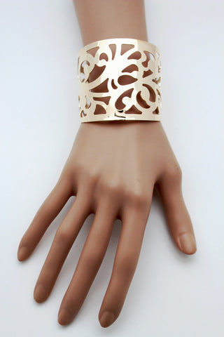 Gold Metal Cuff Bracelet Light Leaves Hollow Shape Cut Outs Adjustable New Women Fashion Jewelry Accessories - alwaystyle4you - 10