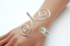 Silver Metal Cuff Bracelet Bangle Geometric Wrap Around Big Bead And Rhinestones Adjustable Women Fashion Jewelry Accessories - alwaystyle4you - 3