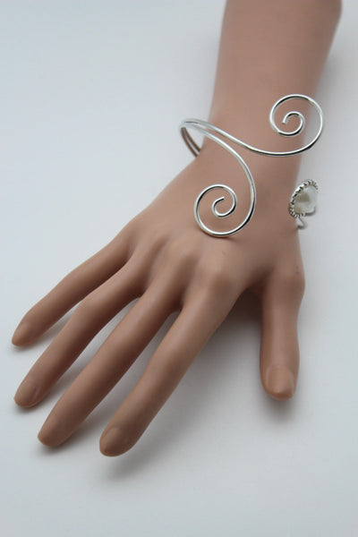 Silver Metal Cuff Bracelet Bangle Geometric Wrap Around Big Bead And Rhinestones Adjustable Women Fashion Jewelry Accessories - alwaystyle4you - 4