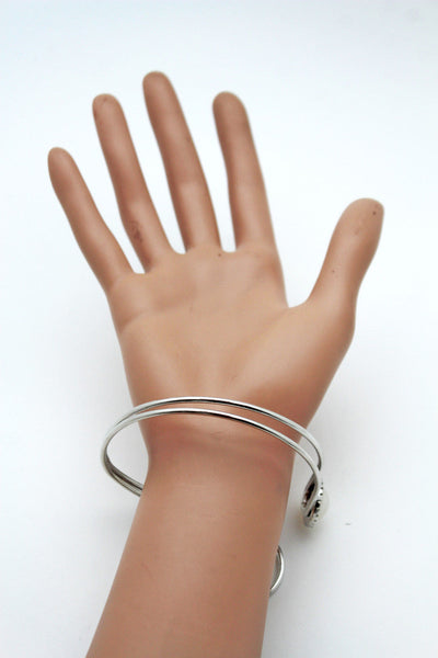 Silver Metal Cuff Bracelet Bangle Geometric Wrap Around Big Bead And Rhinestones Adjustable Women Fashion Jewelry Accessories - alwaystyle4you - 5